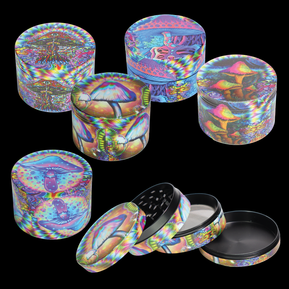 Six psychedelic mushroom metal grinders in wholesale countertop display box