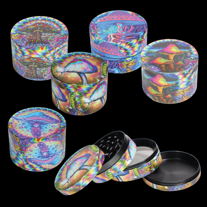 Six psychedelic mushroom metal grinders in wholesale countertop display box
