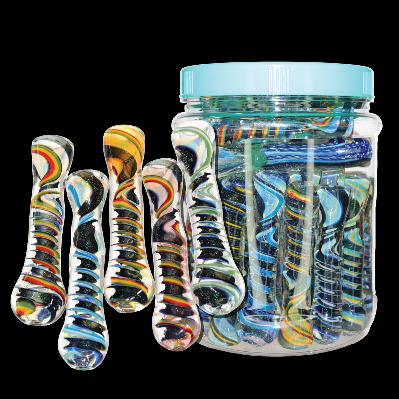 36 PCS – Assorted Color Spiral Glass Chillums in Display Jar – Wholesale