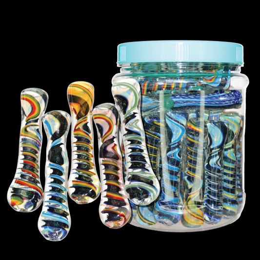 36 PCS – Assorted Color Spiral Glass Chillums in Display Jar – Wholesale
