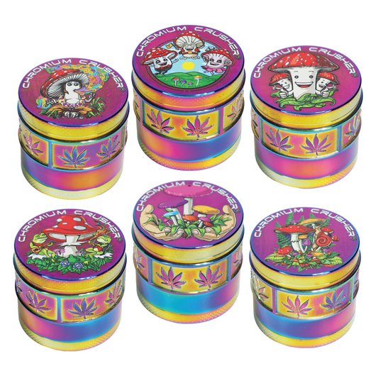 Chromium Crusher 4-Piece Herb Grinder Display (6-Pack) – 2" Mushroom Art Collection - 70396