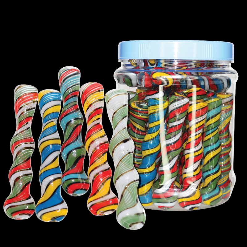 36 PCS – JAR #22 Assorted Color Spiral-Stripe Glass Chillums – Wholesale