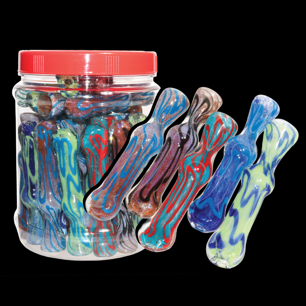 32 PCS – Multicolor Wavy Design Glass Hand Pipes in Display Jar – Wholesale