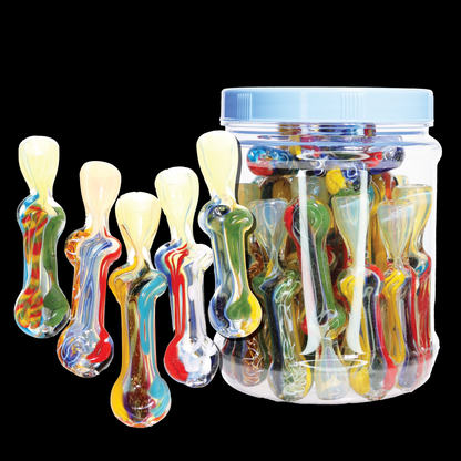 32 PCS – Assorted Wavy Color-Ribbon Glass Chillums in Display Jar – Wholesale