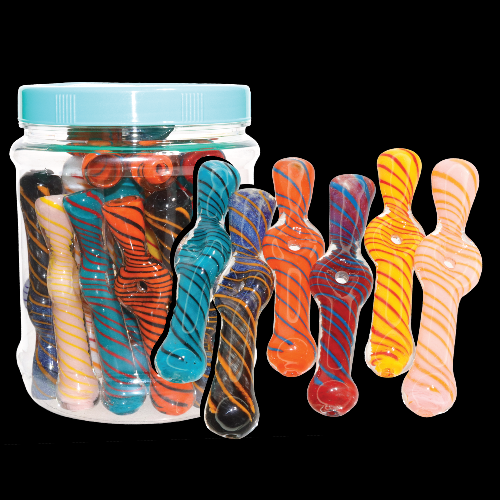 27 PCS – Assorted Color Spiral Glass Spoon Pipes in Display Jar – Wholesale