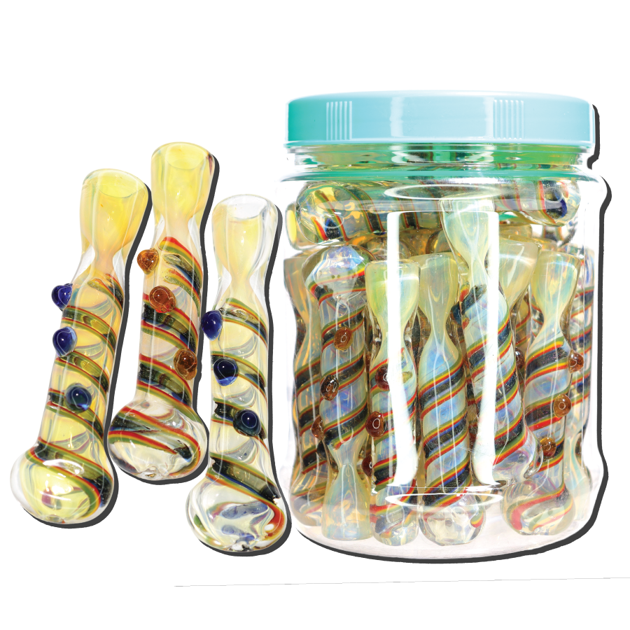 34 PCS – JAR #25 Assorted Spiral Bubble-Dot Glass Chillums – Wholesale