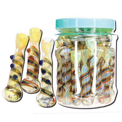 34 PCS – JAR #25 Assorted Spiral Bubble-Dot Glass Chillums – Wholesale