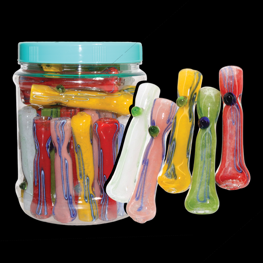 38 PCS – Assorted Color Linework Glass Hand Pipes in Display Jar – Wholesale