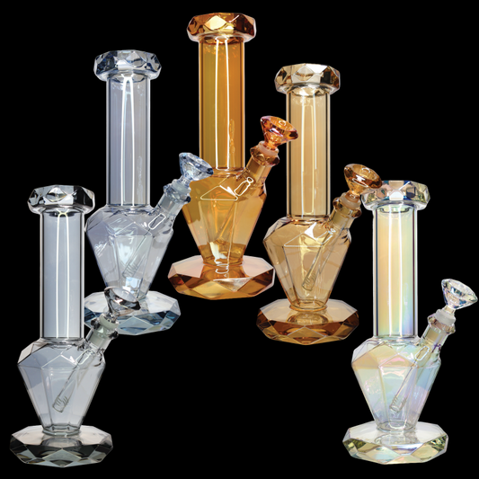 14-Inch Diamond-Cut Glass Water Pipe with Faceted Base – Assorted Colors