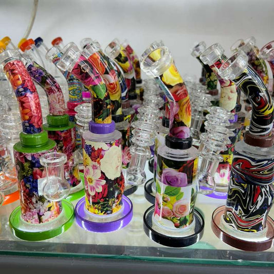 Flower Design Print Water Pipe – Compact 8" Assorted Color Accents | Wholesale