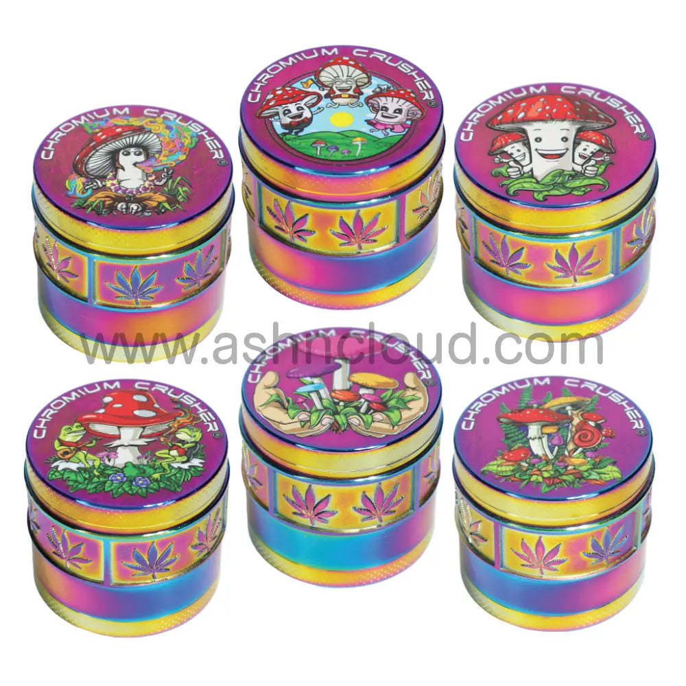 Chromium Crusher 4-Piece Herb Grinder Display (6-Pack) – 2’’ Mushroom Art Collection - 70396