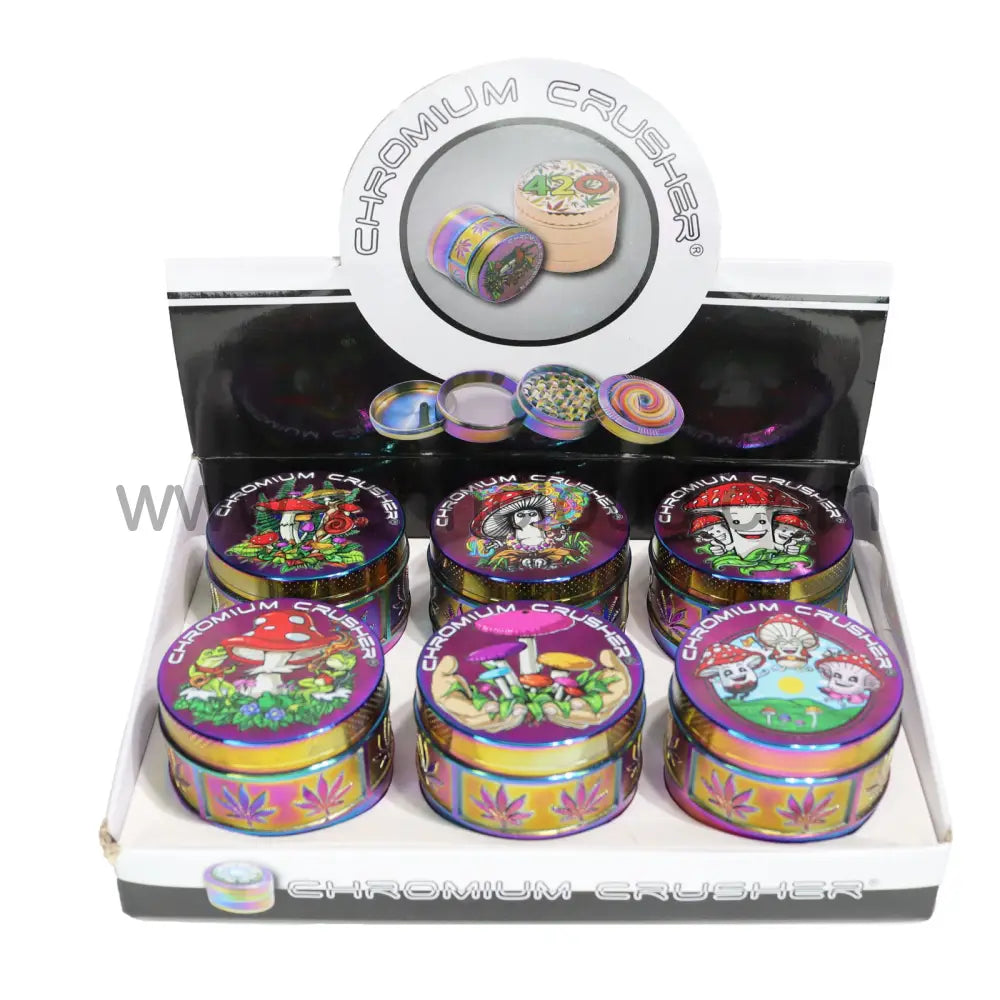 Chromium Crusher 4-Piece Herb Grinder Display (6-Pack) – 2’’ Mushroom Art Collection - 70396