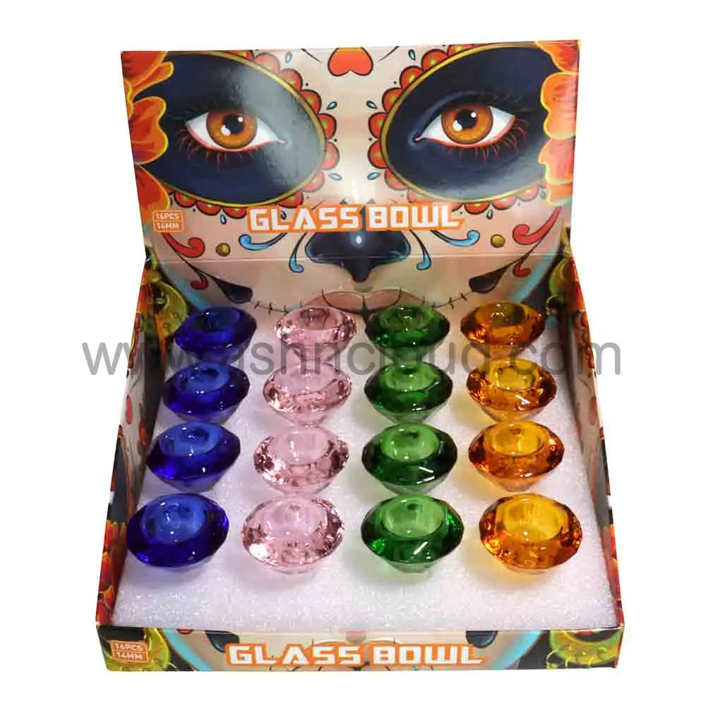 Diamond-Cut Glass Bowl 14mm – 16-Piece Display | Assorted Colors | Wholesale