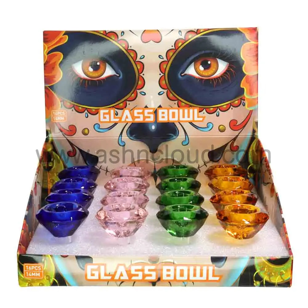 Diamond-Cut Glass Bowl 14mm – 16-Piece Display | Assorted Colors | Wholesale