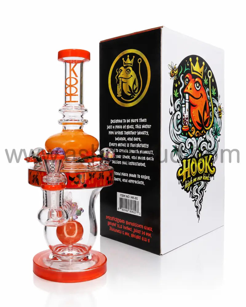 👑 HOOK 01 Clear Premium Glass Water Pipe with Collector’s Gift Box – 10.5 Inch - Orange