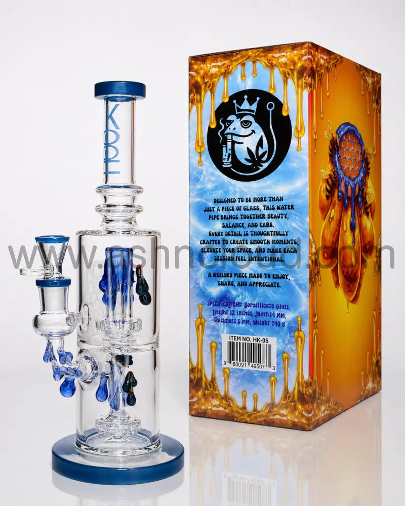 👑 HOOK HK-05 Clear Premium Honeycomb Recycler Glass Water Pipe with Collector’s Gift Box – 12 Inch - Blue
