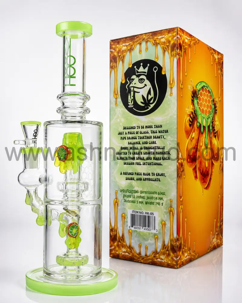 👑 HOOK HK-05 Clear Premium Honeycomb Recycler Glass Water Pipe with Collector’s Gift Box – 12 Inch - Light Green