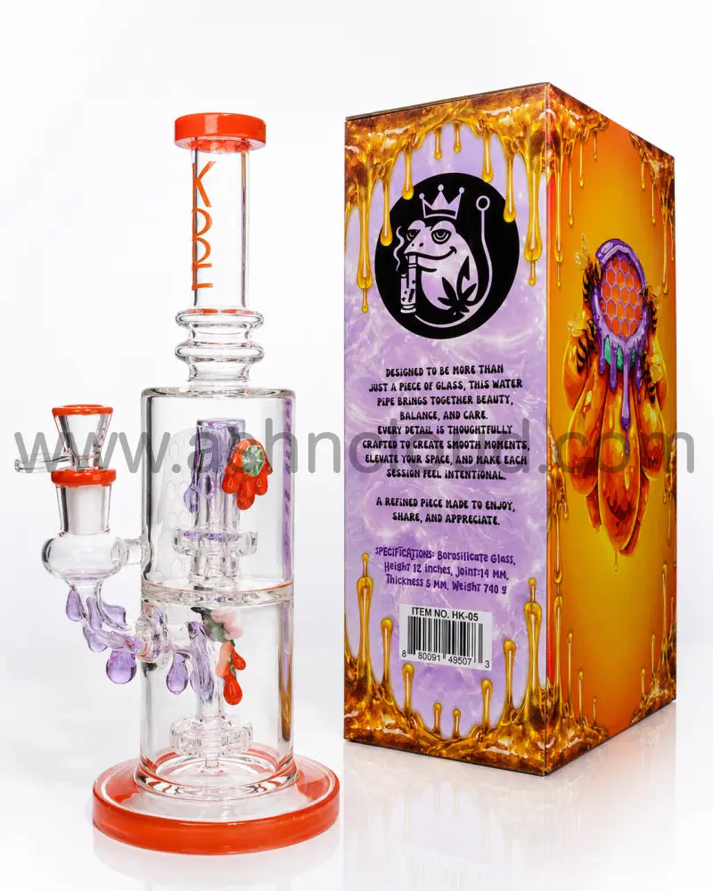 👑 HOOK HK-05 Clear Premium Honeycomb Recycler Glass Water Pipe with Collector’s Gift Box – 12 Inch - Orange