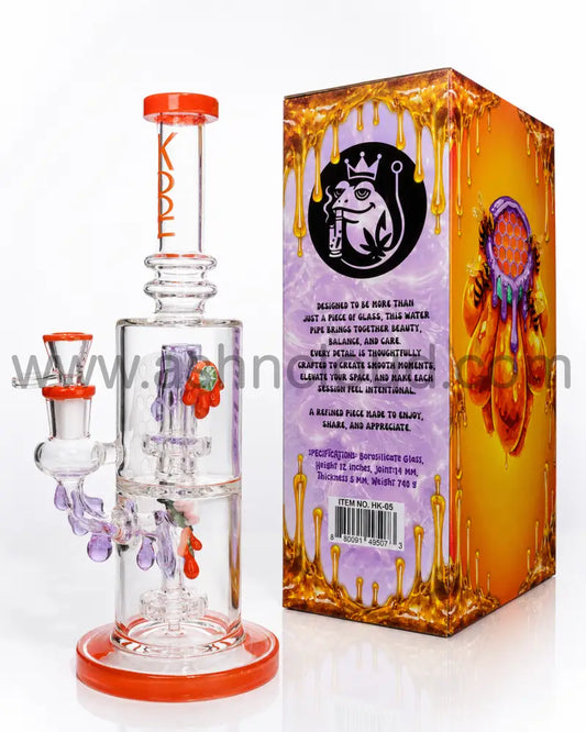 👑 HOOK HK-05 Clear Premium Honeycomb Recycler Glass Water Pipe with Collector’s Gift Box – 12 Inch - Orange