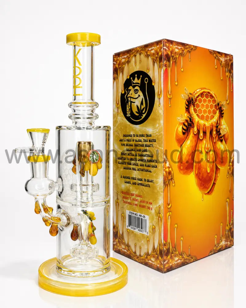 👑 HOOK HK-05 Clear Premium Honeycomb Recycler Glass Water Pipe with Collector’s Gift Box – 12 Inch - Yellow