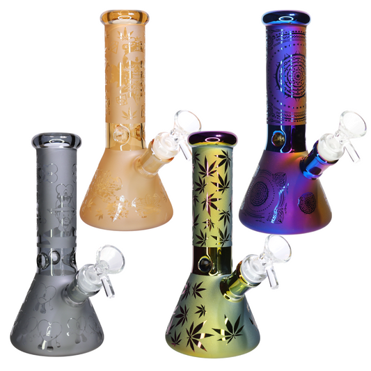 ✨🔥 8” Sandblasted Beaker Bong – Metallic & Etched Design Glass Water Pipe