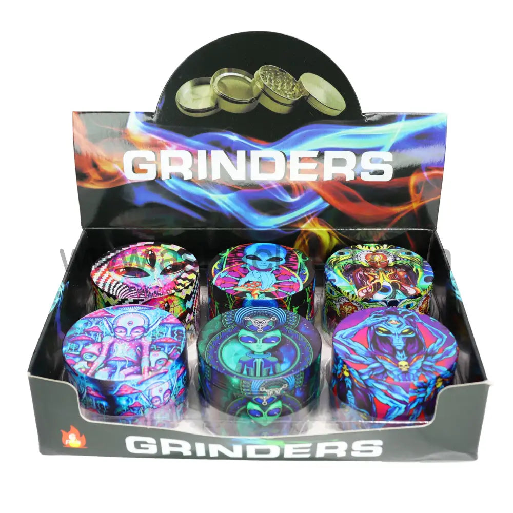 Premium Metal Herb Grinder Display (6-Pack) – 2.5’’ Alien & Psychedelic Collection - 63001-2