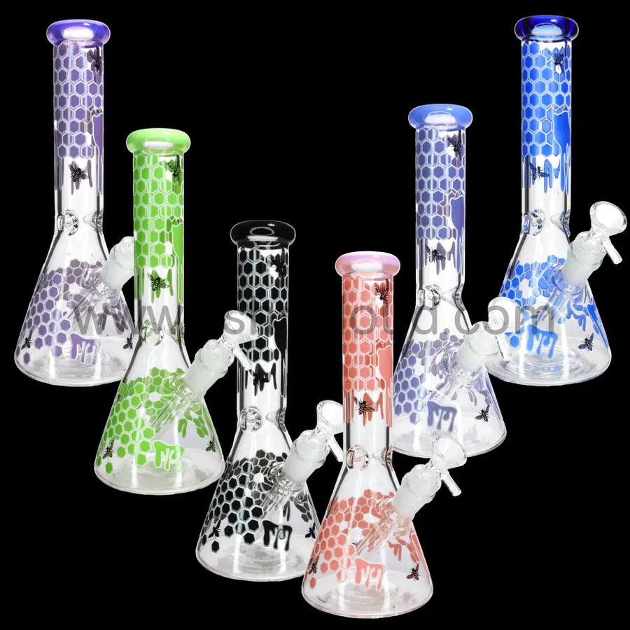 10 Inch Honeycomb Beaker Bong, 5mm, Bee Design
