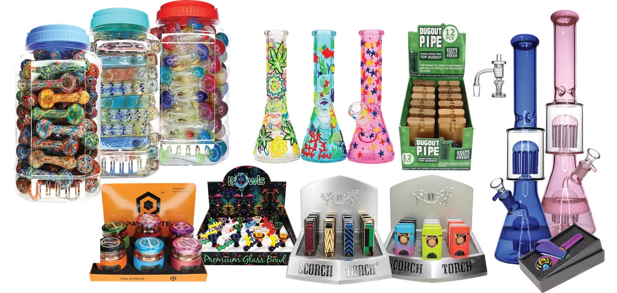 Ash N Cloud wholesale products: bulk jars of hand pipes, glass water pipes, torch displays, bowls, dugouts and more